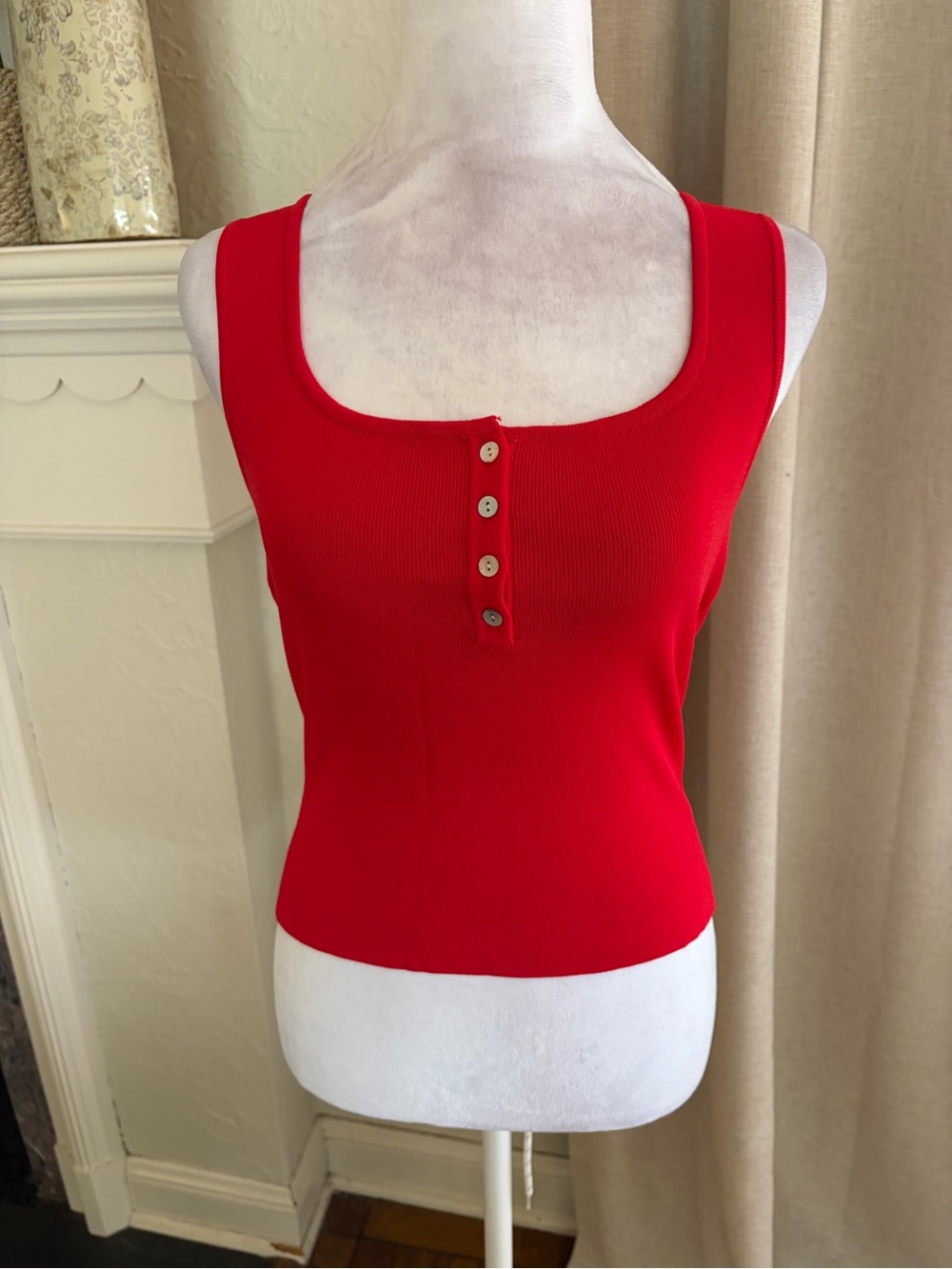 All:Row Sleeveless Henley Red Ribbed Tank with mother of pearl Button Detail